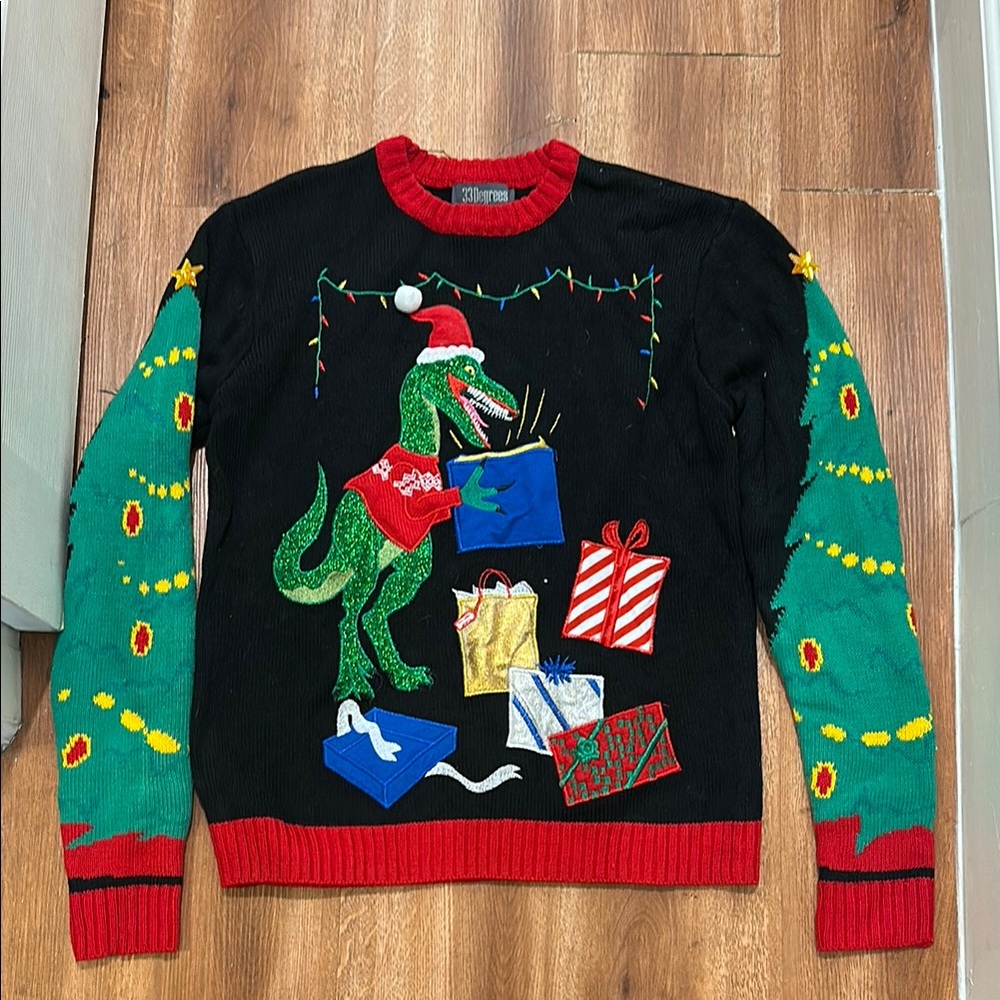 Festive Dinosaur Christmas Sweater - Black and Green